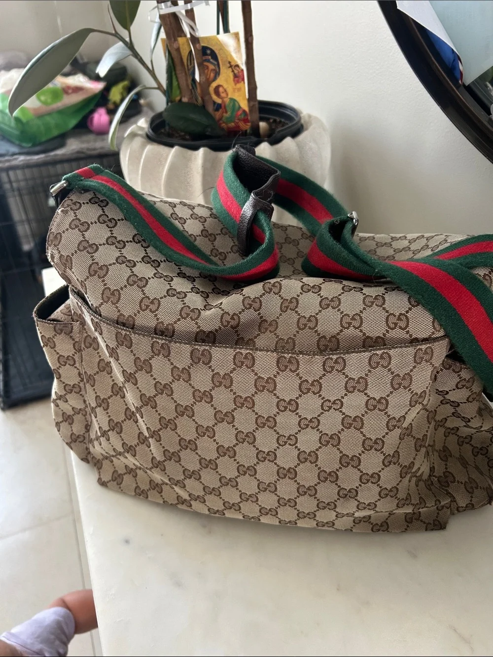 Gucci Beige/Brown GG Supreme Canvas Messenger Bag with Green-Red Web Strap